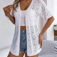 WW | Kurzärmlige elegante weiße Spitzenstrickjacke