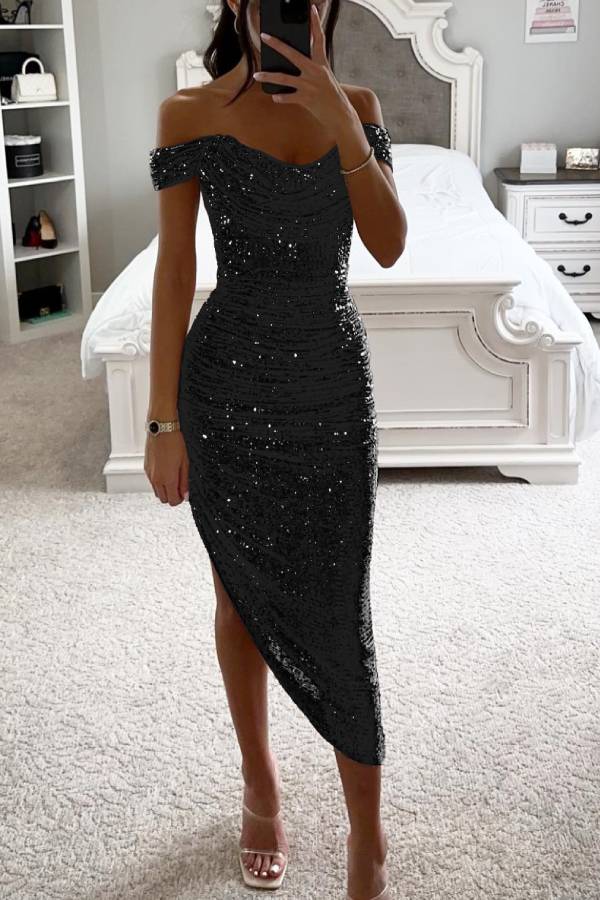 WW | Schalkragen-Pailletten-Midi-Kleid