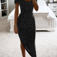 WW | Schalkragen-Pailletten-Midi-Kleid