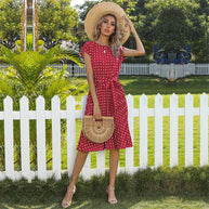 WW | Elegantes Polka Dot Midi Kleid Mit Kurzen Ärmeln Für Damen