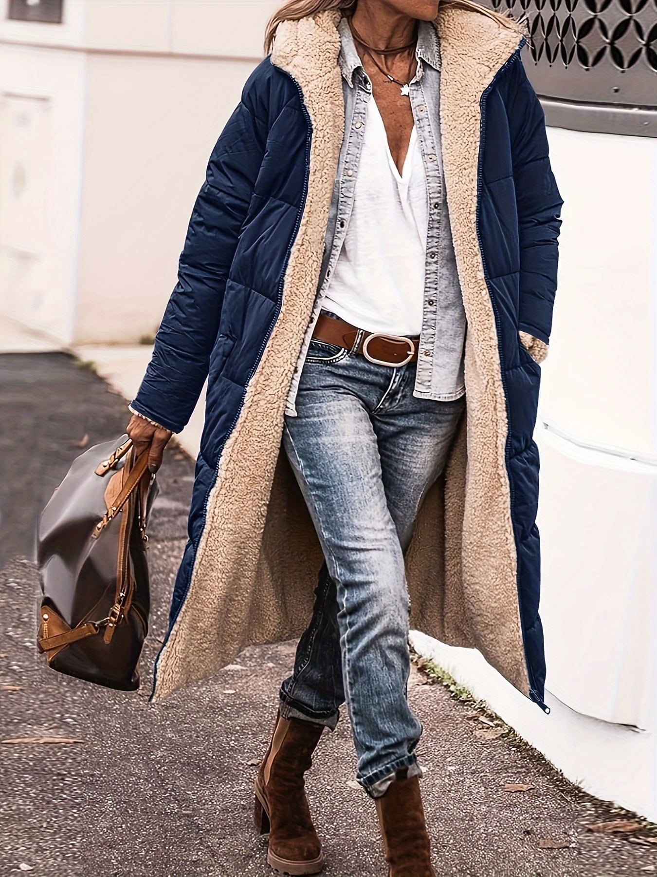 WW | Lange Elegante Gesteppte Damen Winterjacke Mit Futter Aus Fleece
