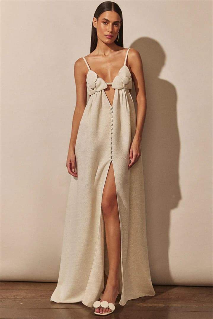 WW | Maxikleid mit V-Ausschnitt und Hohem Blumen-Schlitz