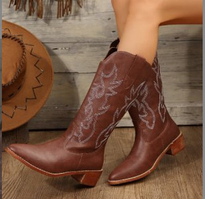 W&W Mode Damen Westernstiefel | Neue Modische Cowboystiefel im Vintage-Stil