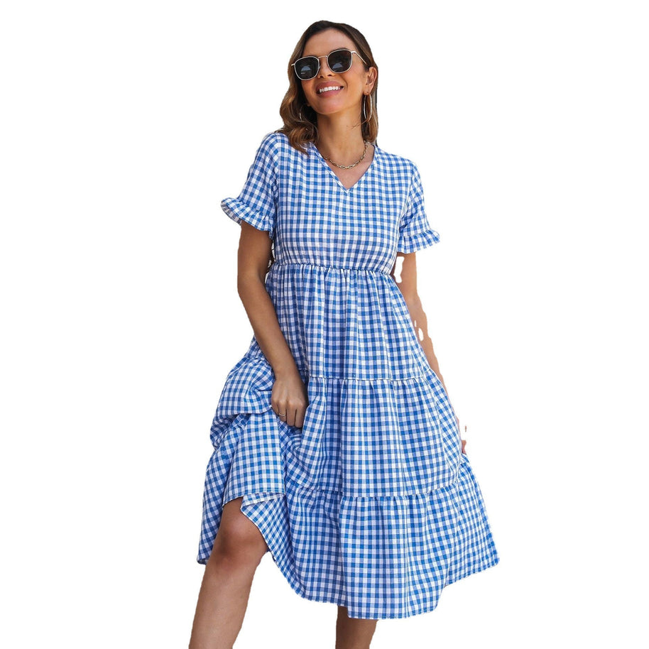 WW | Karierter Midi-Kleid mit Gestuftem Rock und Kurzen Ärmeln