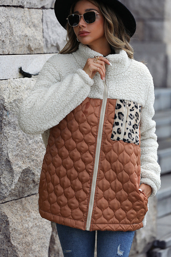 WW | Élise Sherpa Jacke Mit Reißverschluss Und Stehkragen Mit Leoparden Patches