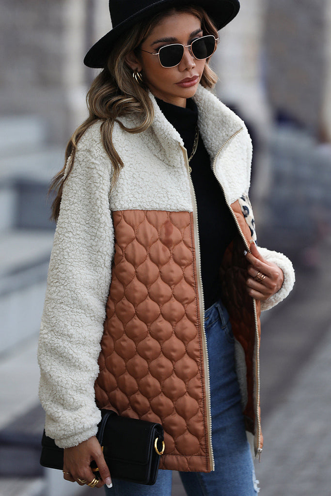 WW | Élise Sherpa Jacke Mit Reißverschluss Und Stehkragen Mit Leoparden Patches