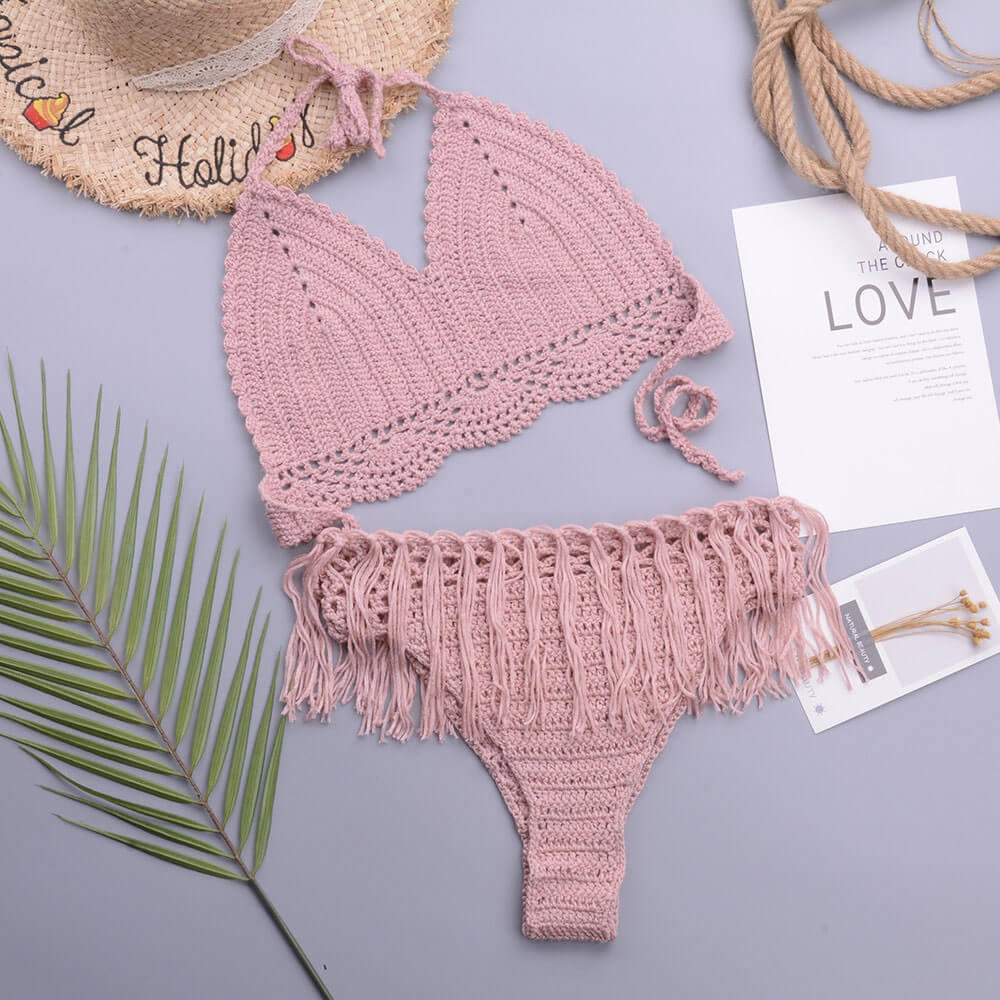 WW | Chic Häkelstrick Quastenbesatz Halter Dreieck Brasilianisches Zweiteiliges Bikini Badeanzug