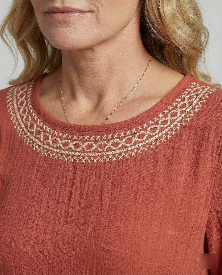 W&W Mode - Damen Besticktes Baumwoll-Leinen Kleid, Luftig & Locker Geschnitten