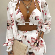 WW | Dreiteiliges Badeanzug Set Strickjacke Oberteil und Shorts