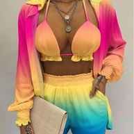 WW | Dreiteiliges Badeanzug Set Strickjacke Oberteil und Shorts