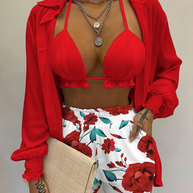 WW | Dreiteiliges Badeanzug Set Strickjacke Oberteil und Shorts