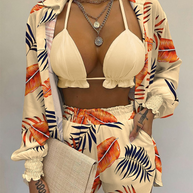 WW | Dreiteiliges Badeanzug Set Strickjacke Oberteil und Shorts