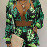 WW | Dreiteiliges Badeanzug Set Strickjacke Oberteil und Shorts