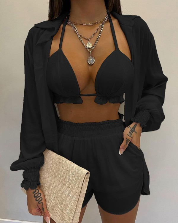 WW | Dreiteiliges Badeanzug Set Strickjacke Oberteil und Shorts