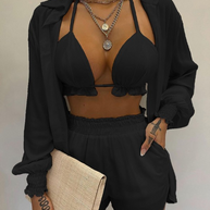 WW | Dreiteiliges Badeanzug Set Strickjacke Oberteil und Shorts