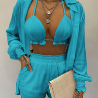 WW | Dreiteiliges Badeanzug Set Strickjacke Oberteil und Shorts