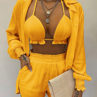 WW | Dreiteiliges Badeanzug Set Strickjacke Oberteil und Shorts