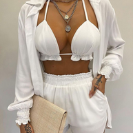 WW | Dreiteiliges Badeanzug Set Strickjacke Oberteil und Shorts