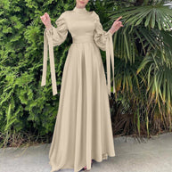 WW | Elegantes Frauen Muslimisch Islamisch Saati Grosgrain Einfarbig Maxi Kleid Mit Gürtel