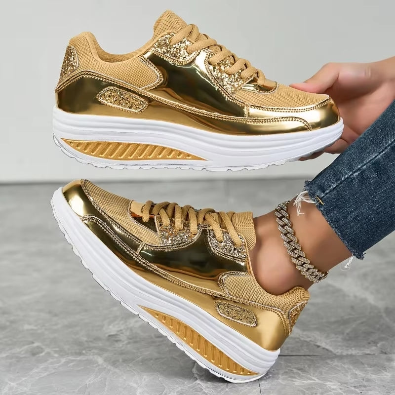 W&W Mode | Damen goldene Schnürsenkel Plattform Sneaker