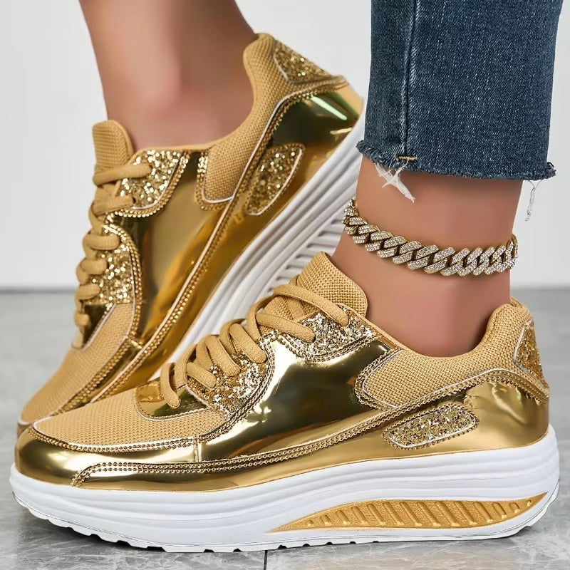 WW | Damen goldene Schnürsenkel Plattform Sneaker