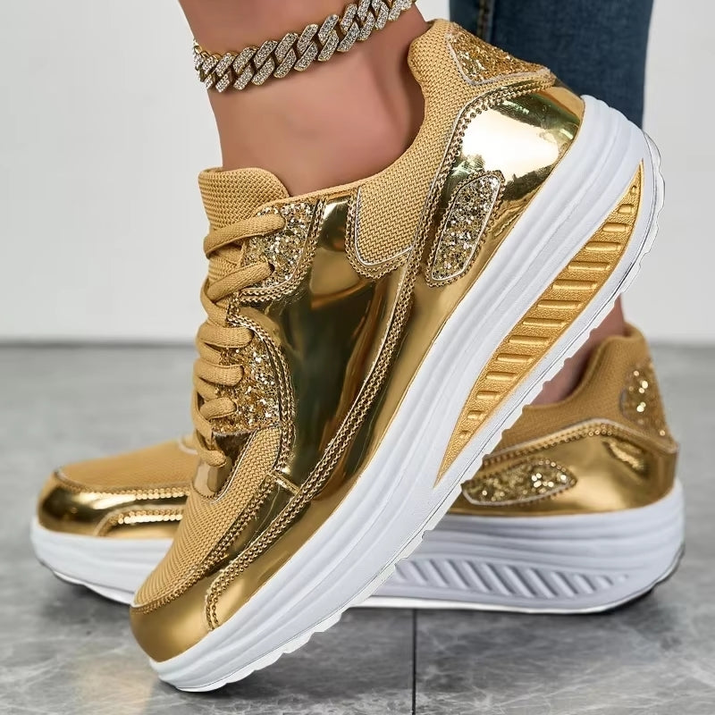WW | Damen goldene Schnürsenkel Plattform Sneaker