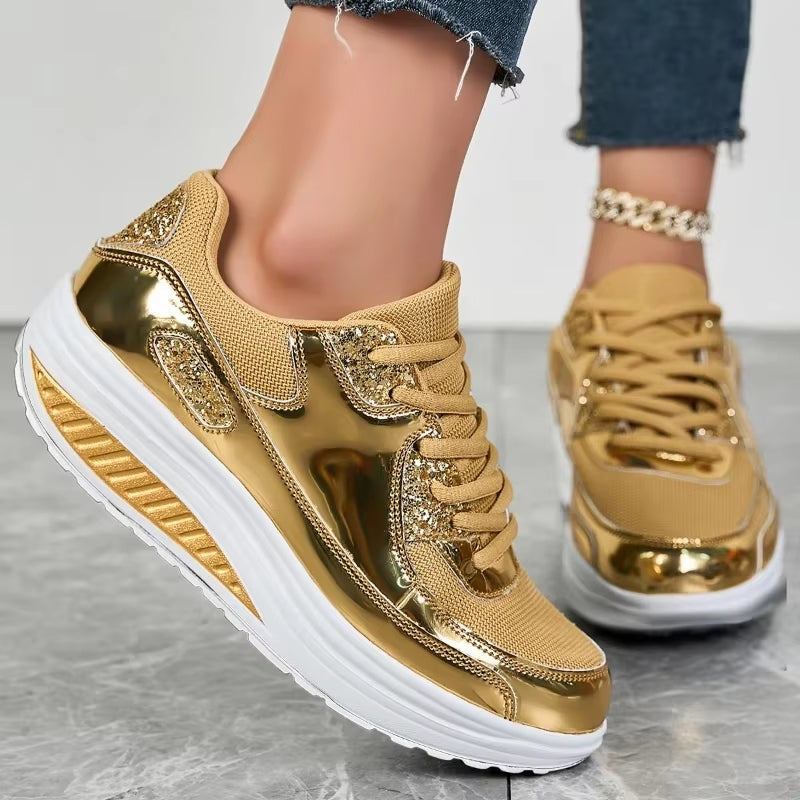 W&W Mode | Damen goldene Schnürsenkel Plattform Sneaker