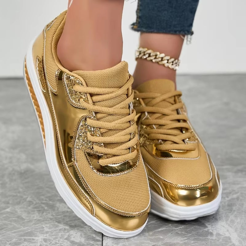 WW | Damen goldene Schnürsenkel Plattform Sneaker