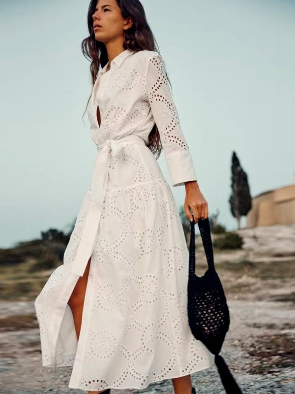 WW | Stilvolles Weißes Damen Chic Loch Midi Kleid