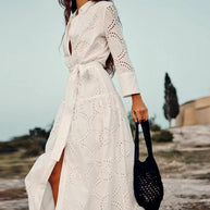WW | Stilvolles Weißes Damen Chic Loch Midi Kleid
