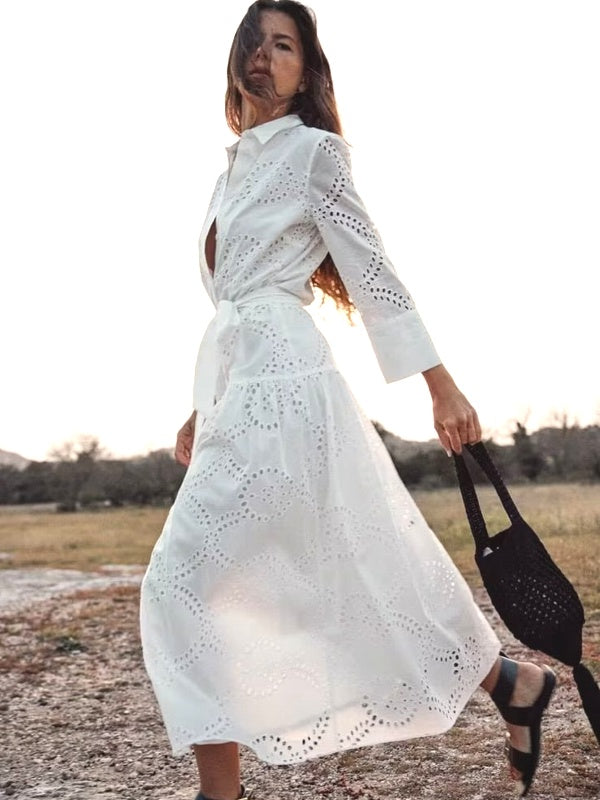 WW | Stilvolles Weißes Damen Chic Loch Midi Kleid