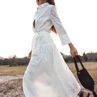 WW | Stilvolles Weißes Damen Chic Loch Midi Kleid