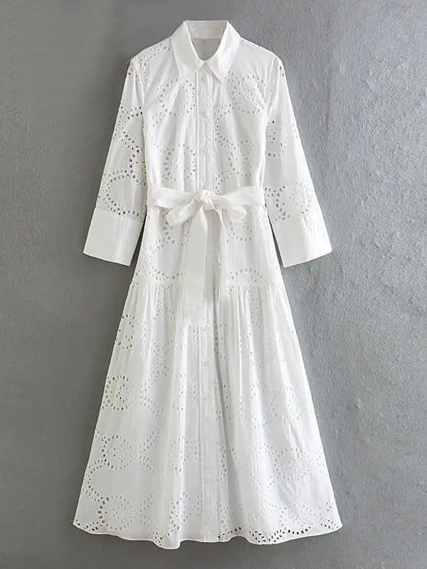 WW | Stilvolles Weißes Damen Chic Loch Midi Kleid