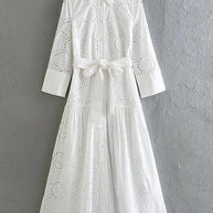 WW | Stilvolles Weißes Damen Chic Loch Midi Kleid