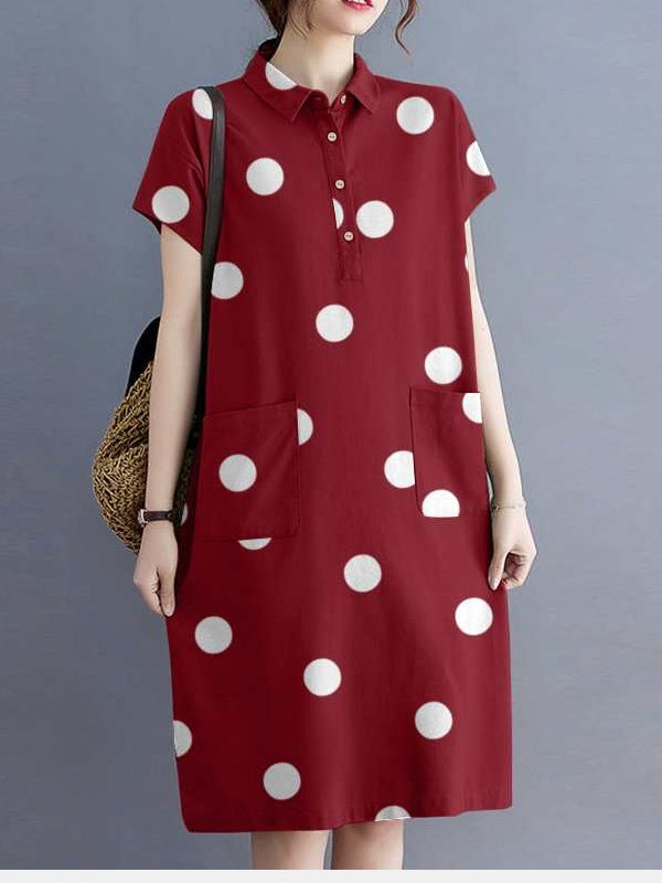 WW | Punkt Druck Baumwolle Knöpfe Taschen Frauen Midi Kleid