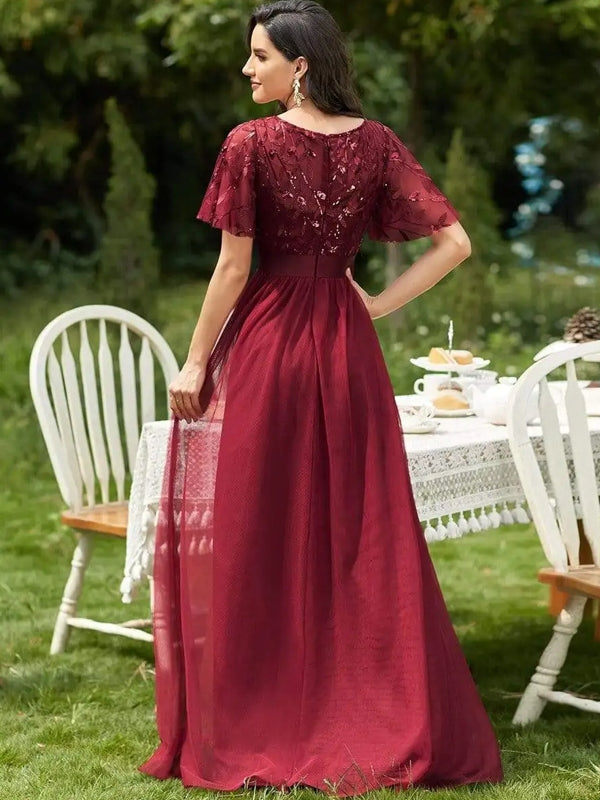 Damen Abendkleid in Maxilänge mit funkelnden Mesh-Blattmotiven