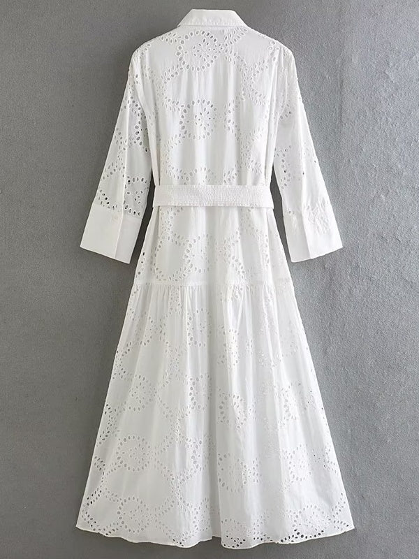 WW | Stilvolles Weißes Damen Chic Loch Midi Kleid