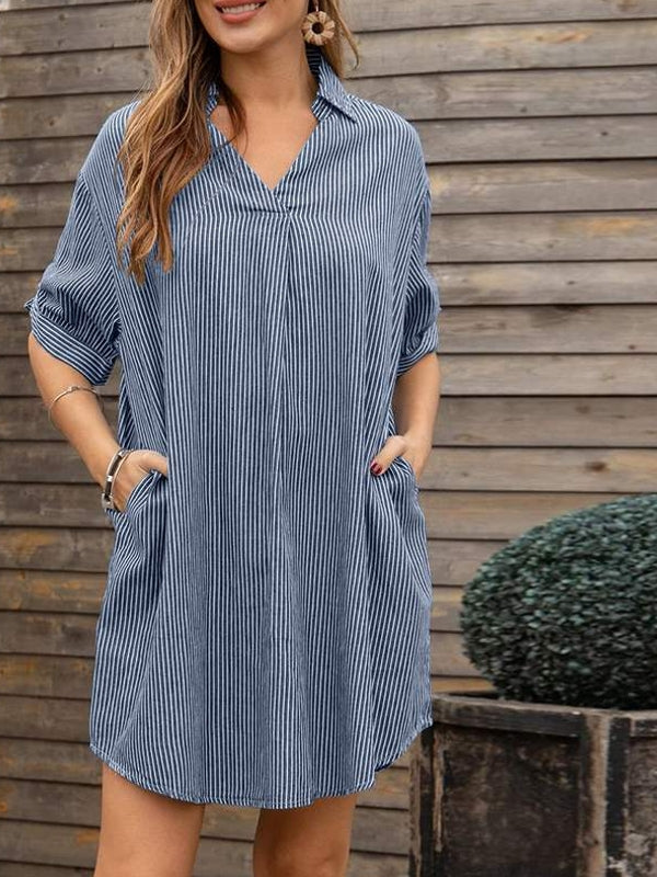 WW | Damen V-Ausschnitt Halbarm Gestreiftes Shirt Kleid