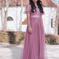 WW | Glänzendes Netz Blütenblattkleid Glänzendes Abendkleid