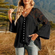 WW | Damen Hollow Vintage Spitze Lockere Bluse