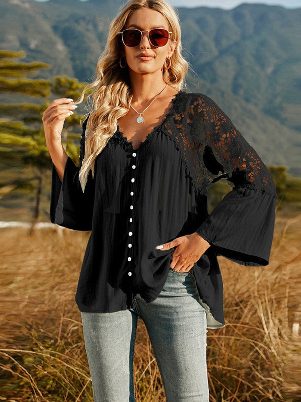 WW | Damen Hollow Vintage Spitze Lockere Bluse