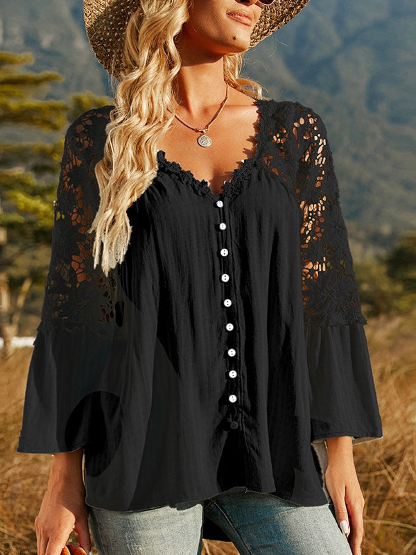 WW | Damen Hollow Vintage Spitze Lockere Bluse