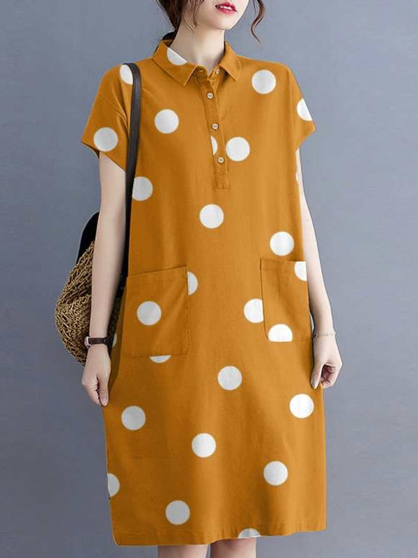 WW | Punkt Druck Baumwolle Knöpfe Taschen Frauen Midi Kleid