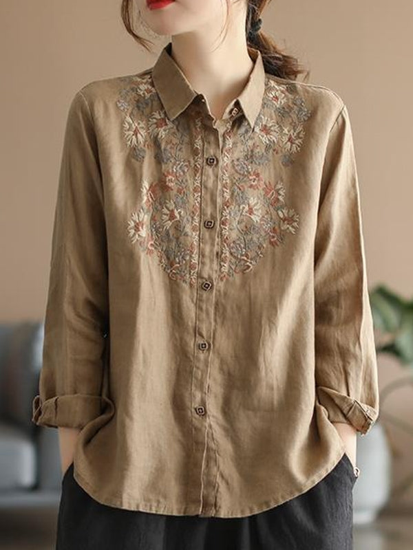 WW | Bequemes ethnisches blumiges Baumwoll-Leinen-Shirt für Frauen
