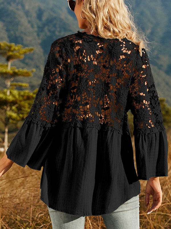 WW | Damen Hollow Vintage Spitze Lockere Bluse