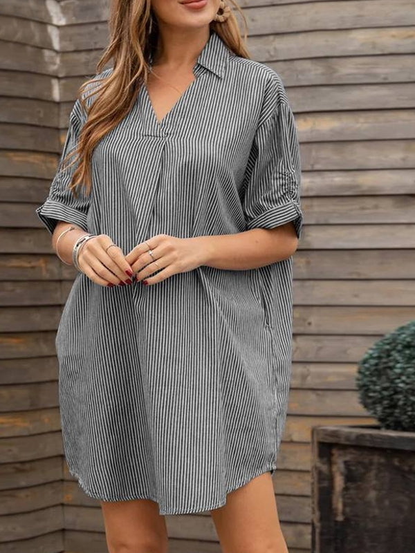WW | Damen V-Ausschnitt Halbarm Gestreiftes Shirt Kleid
