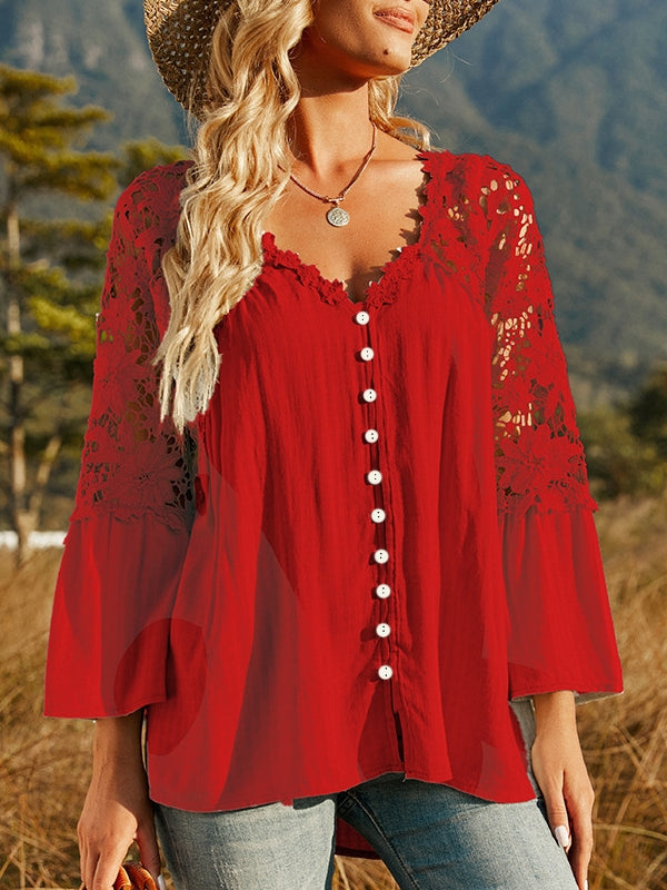 WW | Damen Hollow Vintage Spitze Lockere Bluse