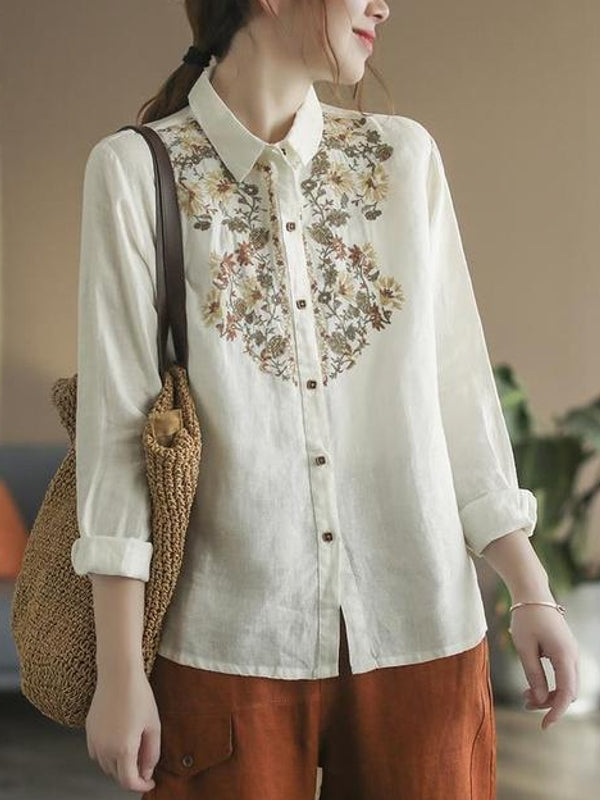 W&W Mode | Bequemes ethnisches blumiges Baumwoll-Leinen-Shirt für Frauen