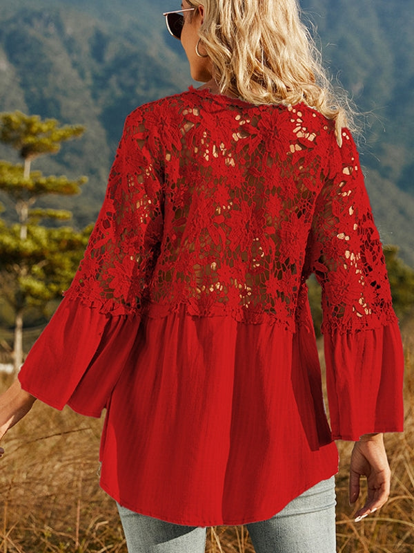 WW | Damen Hollow Vintage Spitze Lockere Bluse