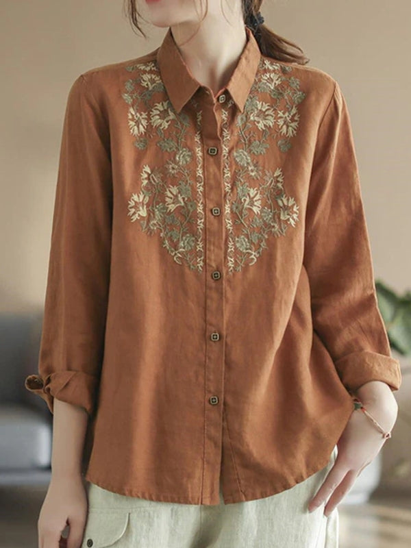 WW | Bequemes ethnisches blumiges Baumwoll-Leinen-Shirt für Frauen